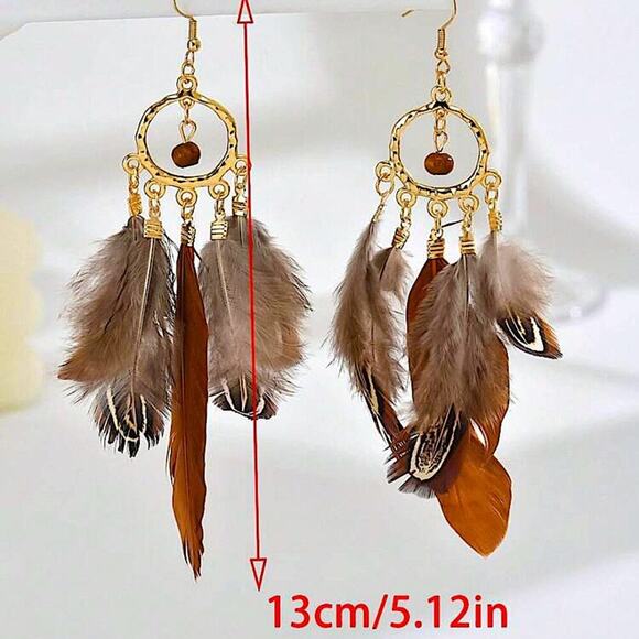 Bohemian Handmade Feather Dangle Earrings, Tribal Design, Western, Boho, Fr… - Picture 3 of 4